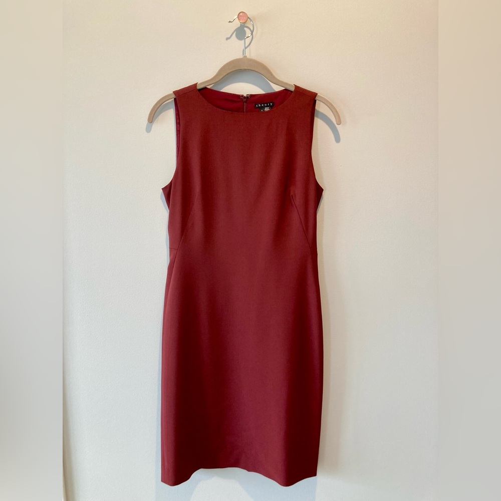 Theory Red Sheath Midi Dress Crew Neck Sleeveless